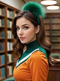 A 32 year old woman in an orange cheerleader uniform navigates a library quietly
