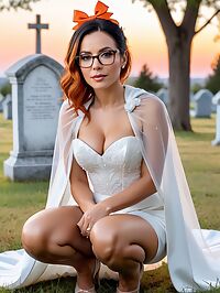 A sensual and beautiful woman in a white wedding dress poses seductively by the cemetery at twilight
